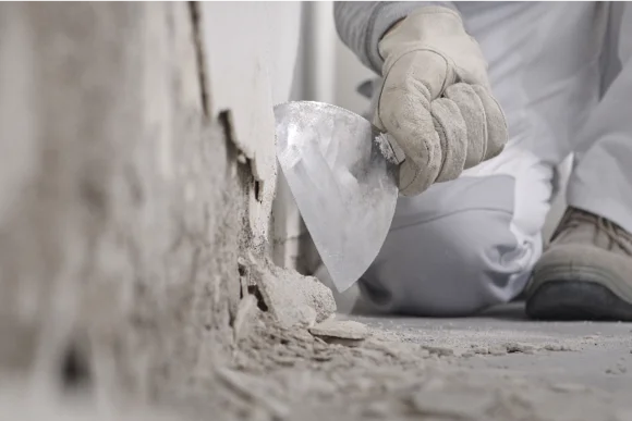 Person entfernt Putz mit Spachtel